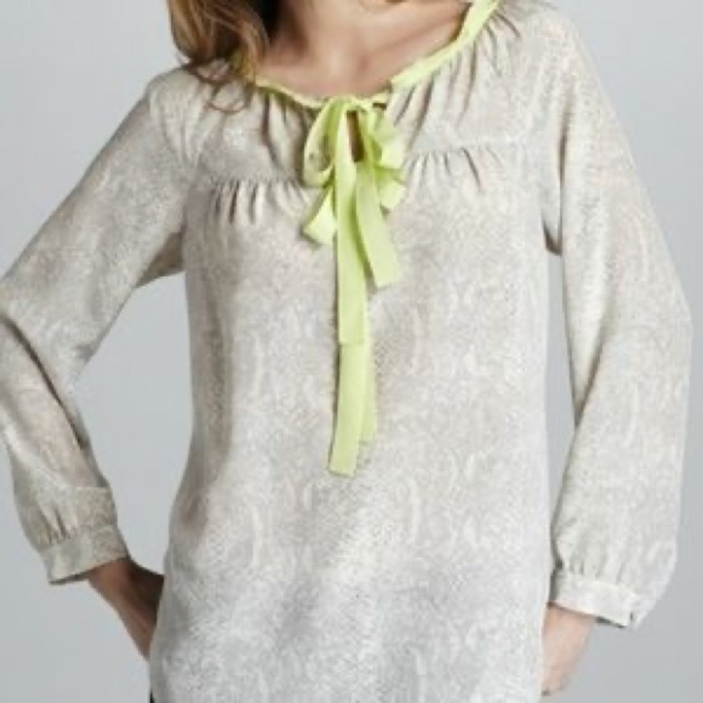Rebecca Taylor Gray Silk Blouse Top Gray Lime Bow